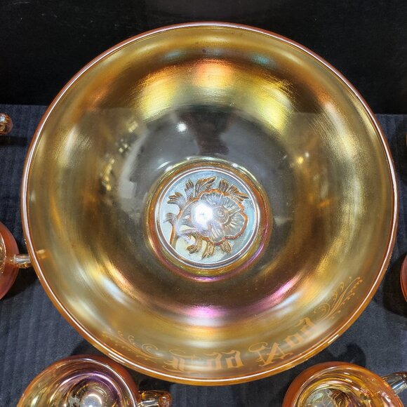 Jeanette Glass Peach/Gold Luster "Egg Nog" Punch Bowl With 6 Cups Carnival Glass - Picture 3 of 12